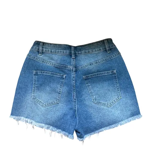 Denim High Rise Shorts Sz 5 Cotton Blend Studded Ripped Frayed Hem Bohemian Blue