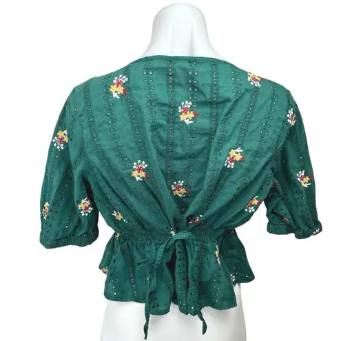 Only Green Yellow Floral Embroidered Button Down Peplum Blouse Top Size 10
