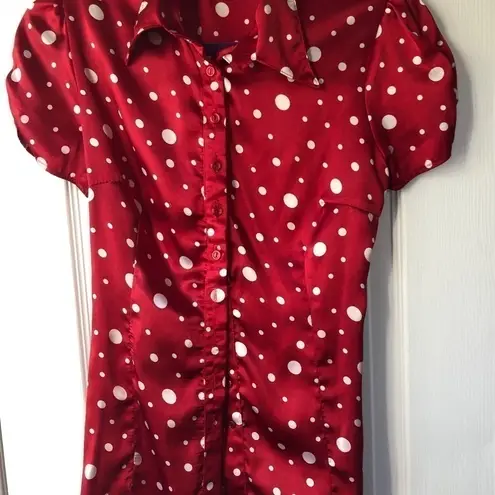 Dress Barn Red Polka Dot Blouse with Tie at Waist Sz M