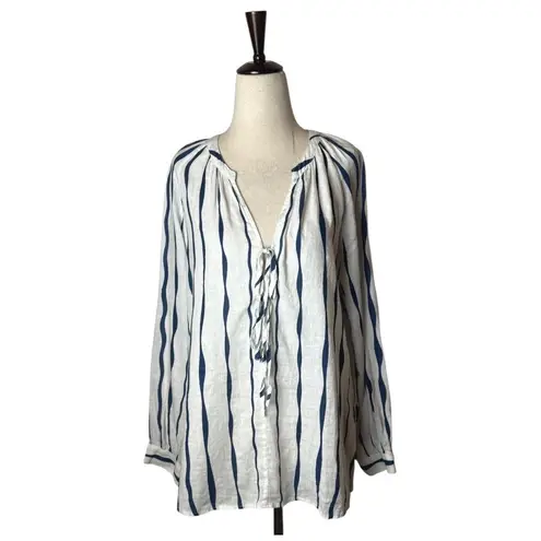 Rails Shirt Women Small White Blue Brielle Wavy Stripe Linen Blend Tie Neck Top