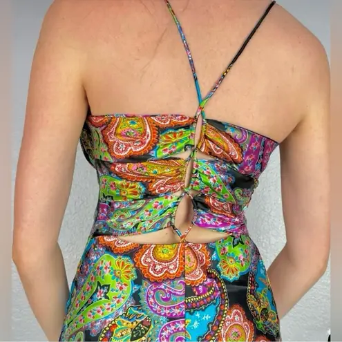 Vintage Zum Zum Y2K Satin Paisley Beaded Slip Maxi Dress Retro Glam Size 3/4 💛 Blue