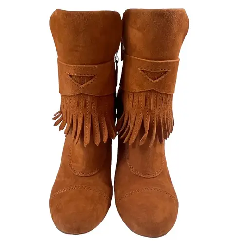 BCBGirls Inkie’s Brown Suede Fringe Roper Style Ankle Boots Side Zip Round Toe