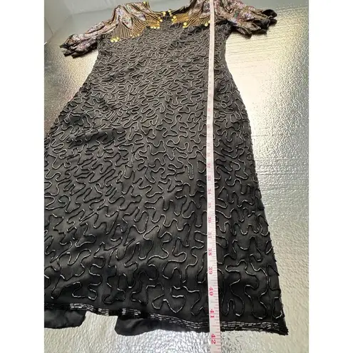 Black Beaded & Sequined Short Sleeve Evening Dress Black Tie Vintage Paris S