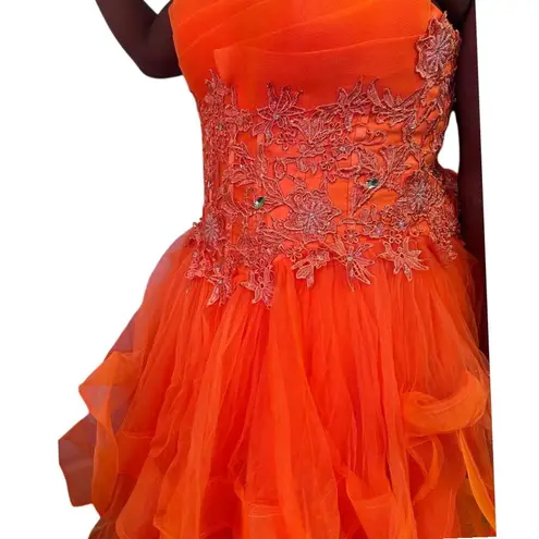 Stunning Orange Tulle Ball Gown with Floral Lace Applique Formal Evening Dress Size 6