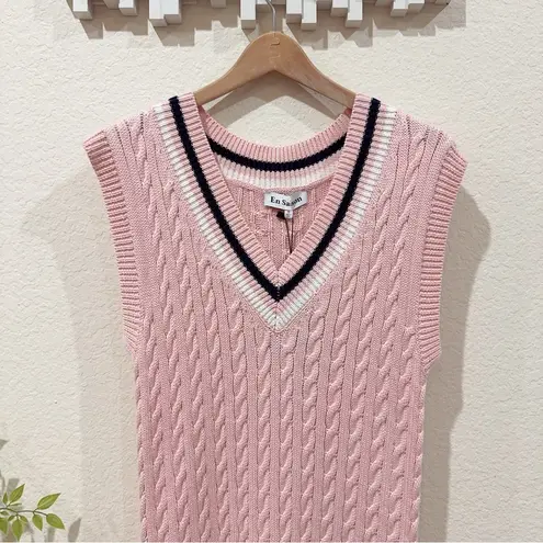 En Saison Pink Cable Knit Sweater Vest Mini Dress w/ Navy Pleated Hem Small NWT