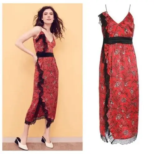 Cinq à Sept Cinq a sept Petra red silk bandanna black lace trim midi slip dress size 4