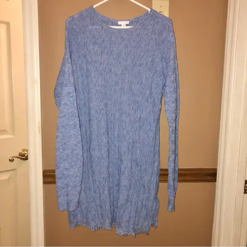 J Jill Fringe Knit Button Back Marled Tunic Sweater Blue Medium
