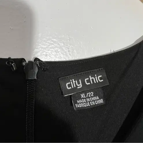 City Chic  Spliced Mod Sheath Dress Black Ponte Faux Leather Trim‎ V-Neck XL/22