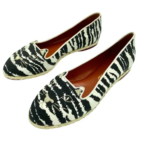 Charlotte Olympia Kitty Cat Capri Zebra Espadrille Flats, EU 37.5 US 7-7.5