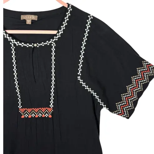 LILLA P Gauze Embroidered Dress Black Tassel Fringe Short Sleeve sz S Boho