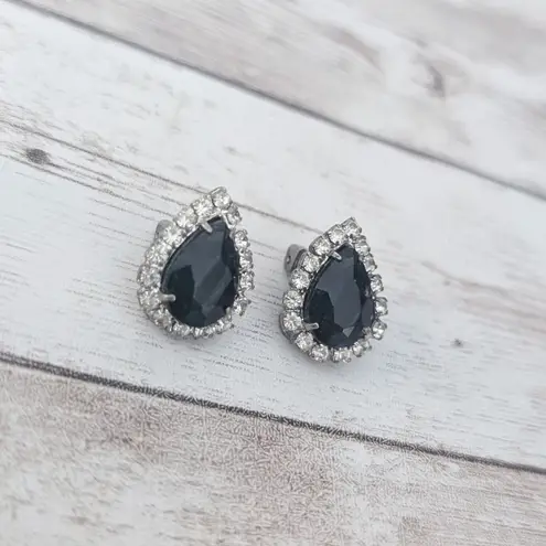Vintage Clip On Earrings Black & Clear Gem Elegant