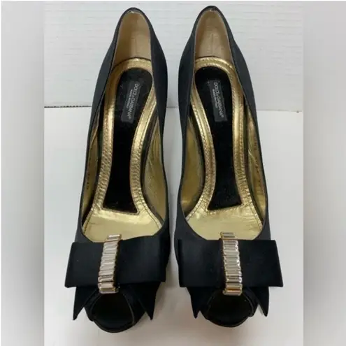 Dolce & Gabbana , baguette bow , black satin pumps, heels size 7