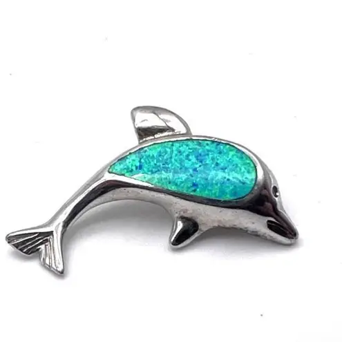 Women's Dolphin 3D Blue Opal Sterling Silver Bracelet Charm Necklace Pendant
