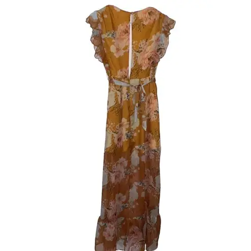 Luxxel  Maxi Dress Plunging Neckline Cap Ruffle Sleeves Yellow Gold Floral Size S