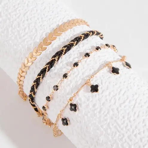 NEW Black & Gold Bracelet Set – Beaded & Chain Layered Stackable Jewelry