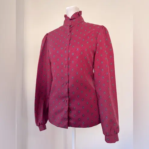 Vintage ‘70s Ship ‘n Shore Burgundy Long Sleeve Collared Button Down Blouse Red Size 8