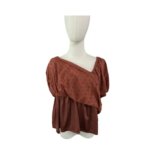 Baevely Rust Eyelet Puff Sleeve Peplum Top Women’s Size Large Orange