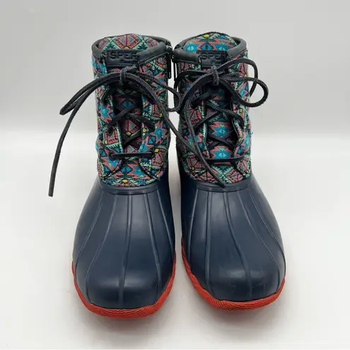 Sperry Saltwater Textile Navy Coral Aztec Print Snow Rain Duck Boots Women’s 8