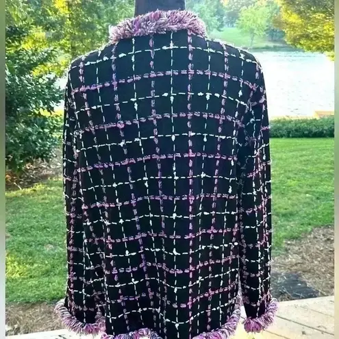 Vintage Pink Poodle Cardigan Sweater Black Pink Plaid Fringe 3x Retro Chic Fun Size XL