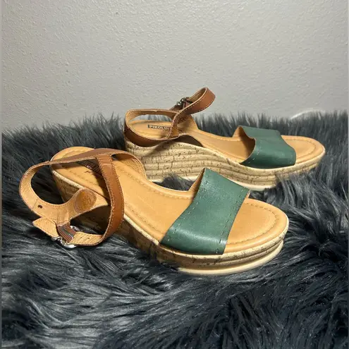 Pikolinos Leather Ankle Strap Miranda Emerald Green Brown Wedge Sandals Sz 40EU