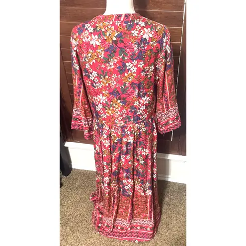 JODIFL Red Floral Maxi Dress Lace up V-Neck sz L boho hippie Long side slits