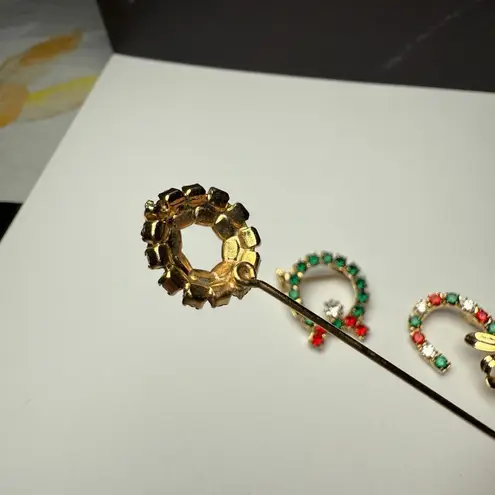 Rhinestone Christmas Holiday Lot Of 3 Brooch Pin Gold Tone Wreath / Candy Cane