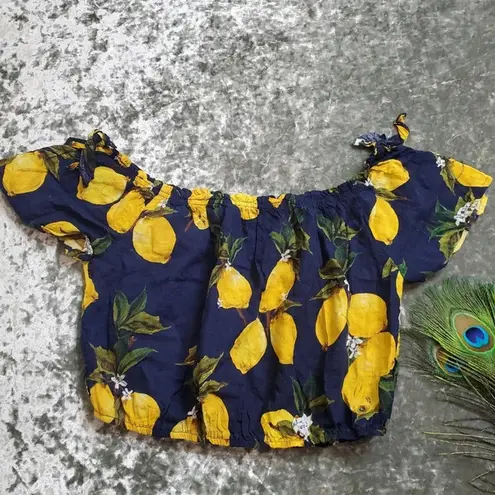 Blush  Lemon Print Off The Should Crop Top - Image 1