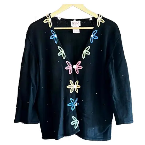 Vintage PBJ Sport Womens Cardigan Large Black Embroidered Floral Bead Button Up