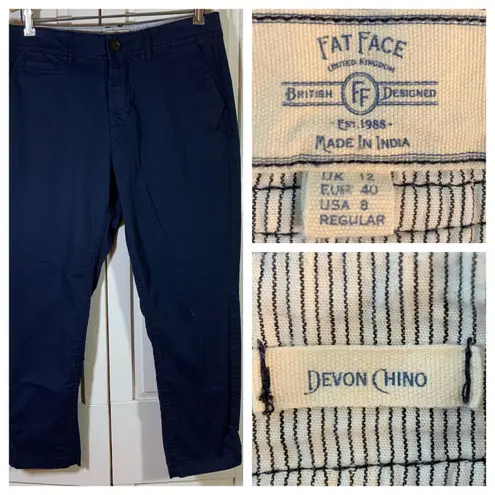 Fat Face Devon Chino Navy Blue Regular Fit Women's Pants Size 8 Basic Minimalist