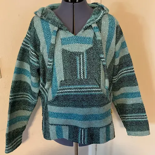 Molina Baja Hoodie Pullover Black Teal Stripe Poncho Blanket Green Size M