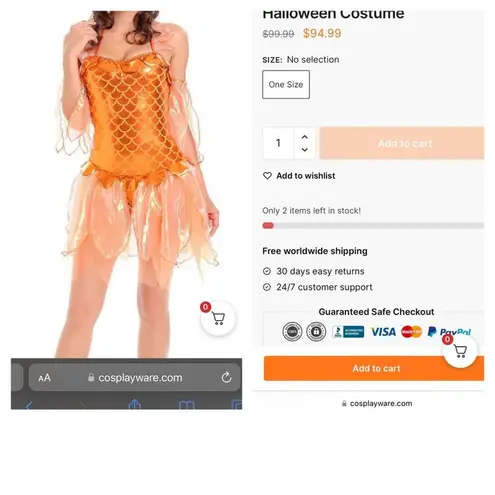 Golden dragon costume dress w armbands Orange Size M