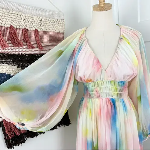 Massimo Dutti Studio Balloon Sleeve V-Neck Watercolor Maxi Dress Size XS NWT