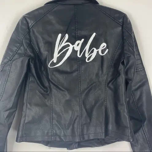 Noisy May Black Faux Leather Biker Moto Jacket Customized Babe on Back Small S