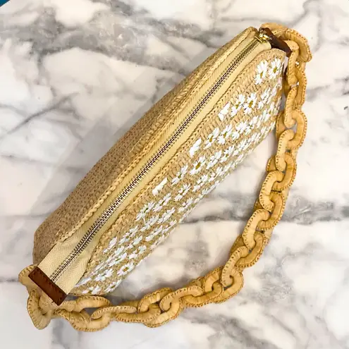 Sézane Isabelle Raffia Embroidered Daisy Bag Chain Flowers Cream White EUC