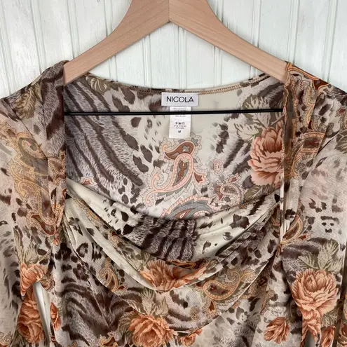 Vintage 90s Y2K Nicola Blouse Size Medium Mixed Animal Print Floral Mesh Stretch Tan