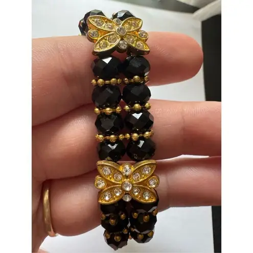 Y2K Vintage Butterfly Black Gold Tone Stretchy Rhinestone Beaded Bracelet 90s