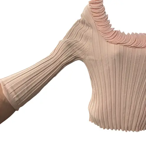 Prominence Women's Pink Ribbed Knit Square Neck Ruffled Long Sleeve Sweater L Size L