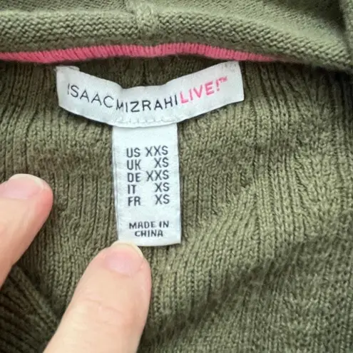Isaac Mizrahi Cozy Army Green Hooded Cardigan XXS Knit Cottagecore Academia Layering Casual
