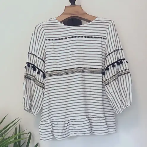 Suzanne Betro WEEKEND STRIPED POM POM 3\4 SLEEVE WOMENS TOP
