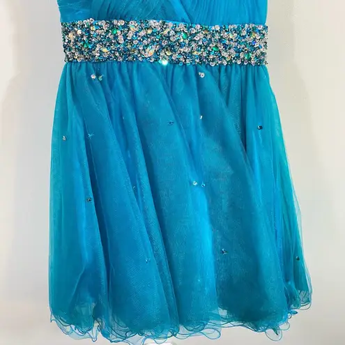 Dave and Johnny  Blue Embellished Short One Shoulder Cocktail Prom Dress Size 3/4