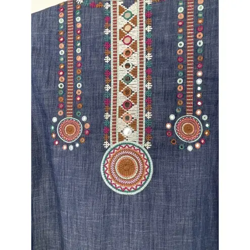 Indigo Blue Souk Hand Embroidered Open Jacket Chambray Size Large