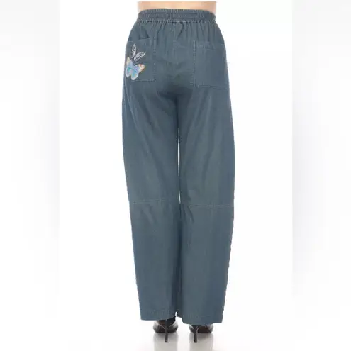 Johnny Was Wide Leg Denim Blue Paradiso Pull On Pants Embroidered Size Small