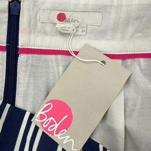 Boden Navy Blue and White Stripe Cotton Poplin Midi Skirt Pockets Size 8P 8 P
