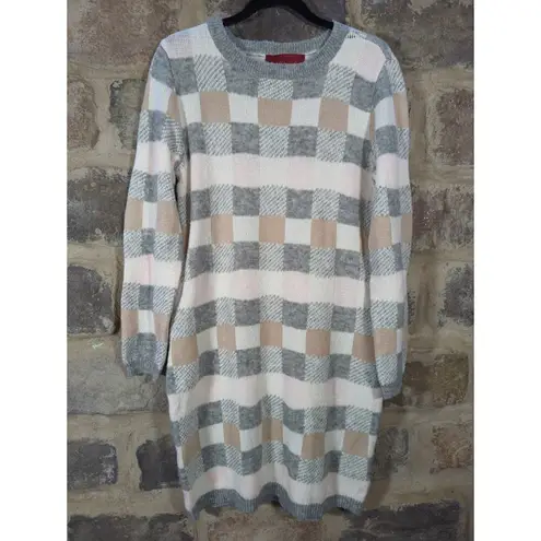 Love Scarlett Sweater Dress Woman's Large Checkered Pink Gray Brown Cozy Winter