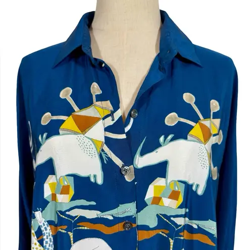 Rumisu 100% Silk Midi Shirt Dress Expedition African Collection Small/Medium Blue