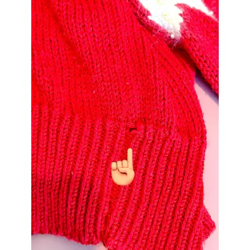 VINTAGE Christine Women’s L Sweater Red White Long Puff Sleeve V Neck Knit Size L