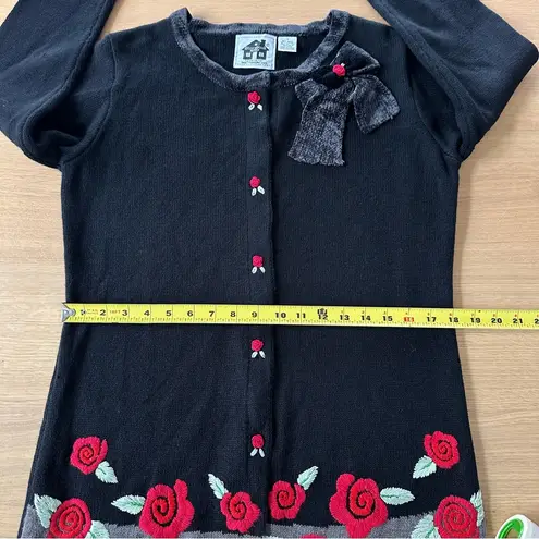 Storybook Knits Vintage Knit Cardigan Sweater Sz S Embroidered Roses Black Gma