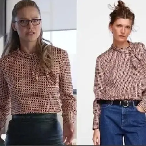 ZARA  Geometric Polka Dot Tie Bow Blouse Tan size‎ XS