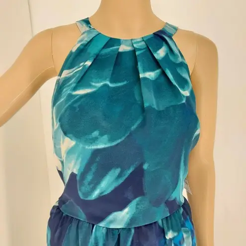 INC "" TRUE TEAL FLORAL TIE BACK  PLEATED NECK  A LINE DRESS SIZE: 12 NWT