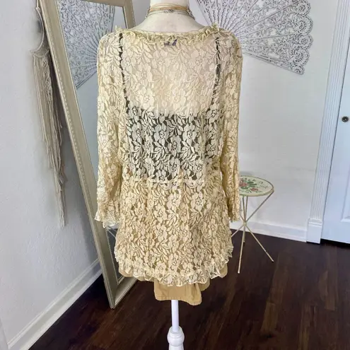 Lola P. Cream Nude White Sheer Lace Sequin Ruffle Pirate Wench Flowy Blouse XL
